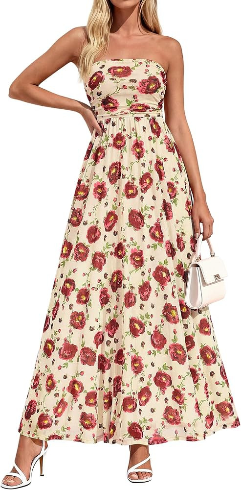 PRETTYGARDEN Women Strapless Maxi Dress 2026 Summer Floral Tube Top Ruched Beach Spring Wedding G... | Amazon (US)