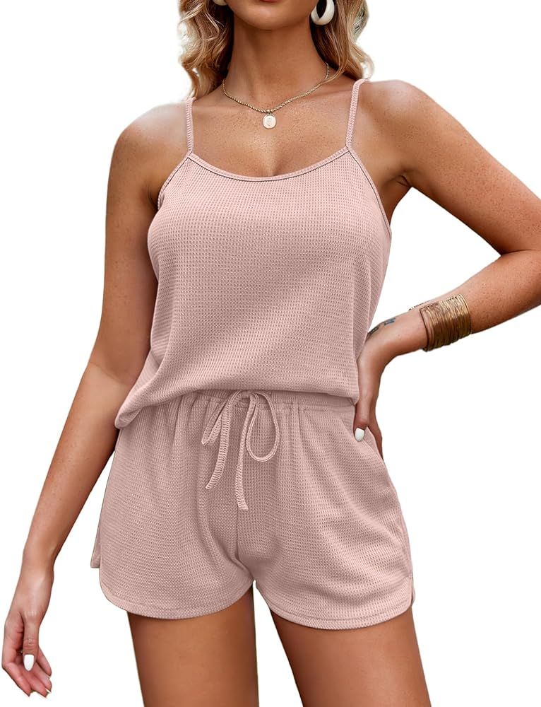 Ekouaer Pajamas for Women Waffle Knit Lounge Sets Cami Tops Shorts Loungewear S-XXL | Amazon (US)