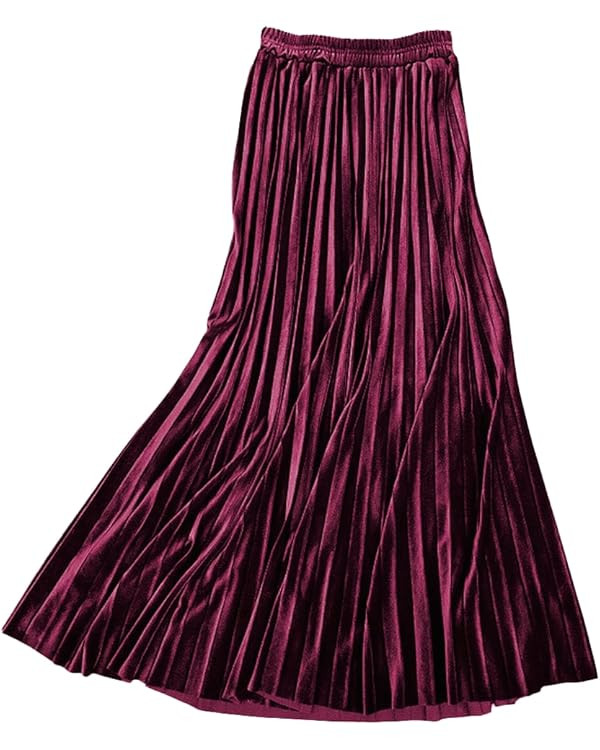ebossy Women's Fall Winter High Wasit Ankle Length Velvet Maxi Long Pleated Skirt | Amazon (US)