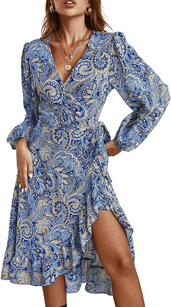 CUPSHE Women's V Neck Paisley Midi Length Dresses Flounce Long Sleeves Dress with Belt | Amazon (US)