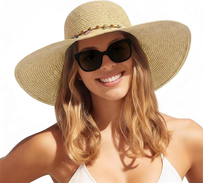 Womens Sun Straw Hat Wide Brim Floppy Foldable Hats Beach Travel Summer Vacation Hat UPF 50+ | Amazon (US)