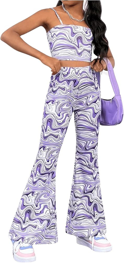 Floerns Girl's Marble Print Crop Cami Top with Flare Leg Set 2 Piece Outfits | Amazon (US)