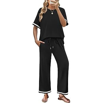 Sampeel 2 Piece Sets for Women Casual Summer Travel Vacation Outfits Short Sleeve Lounge Set | Amazon (US)