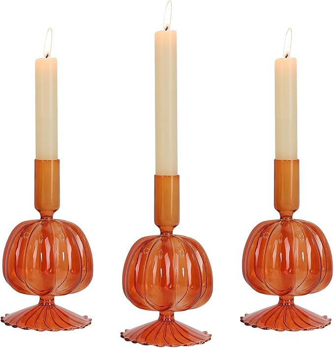 NEEDOMO Fall Decorations for Home, Set of 3 Glass Pumpkin Candlestick Holders for Thanksgiving De... | Amazon (US)