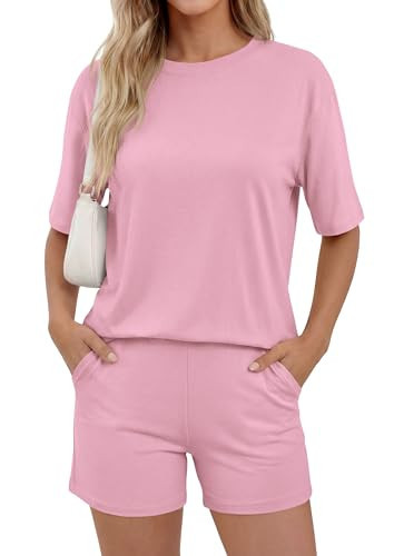 PRETTYGARDEN 2026 Women's Summer 2 Piece Sets Casual Lounge Set Short Sleeve Tops Shirts Shorts Travel Beach Vacation Outfits (Pink,X-Small) | Amazon (US)