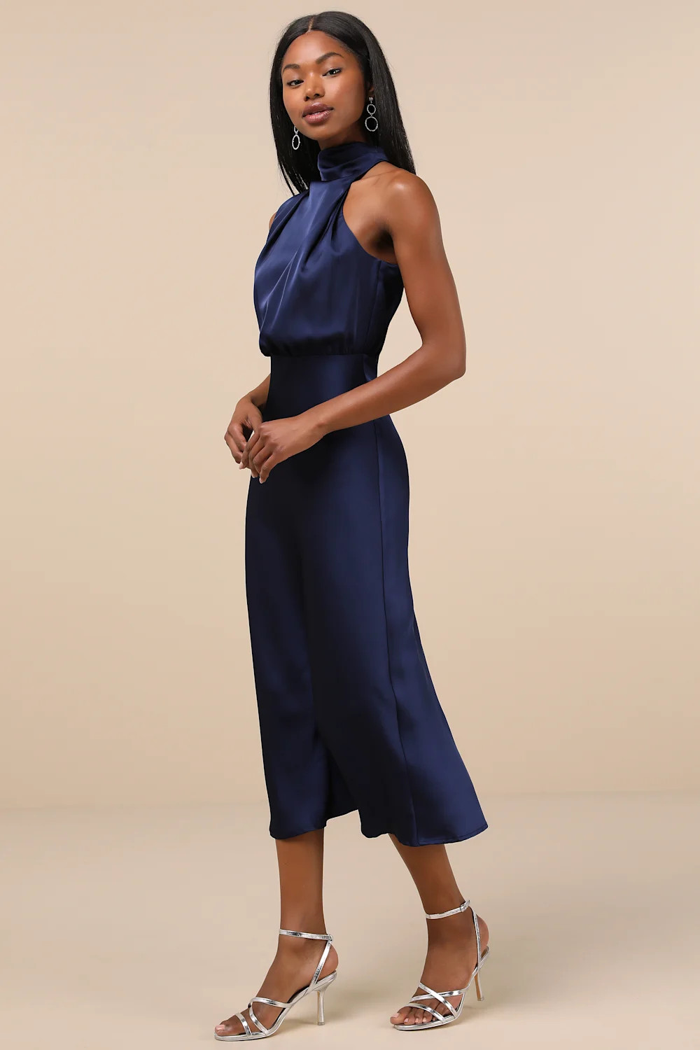 Distinctive Charm Navy Satin Asymmetrical Midi Dress | Lulus