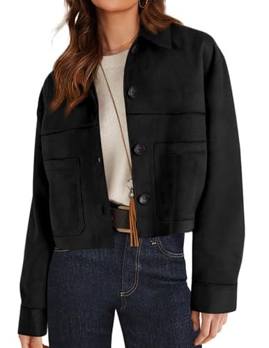 PRETTYGARDEN Women's Faux Suede Cropped Jacket Casual Lightweight Fall Fashion 2025 Winter Coats Outerwear Trendy Clothes (Black,Small) | Amazon (US)