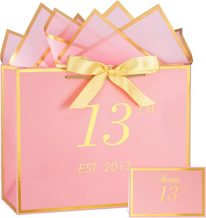 momoake 13th Birthday Gift Bag with Card and Tissue Paper for Girls/Her, 2013 13 Year Old 13" Ele... | Amazon (US)