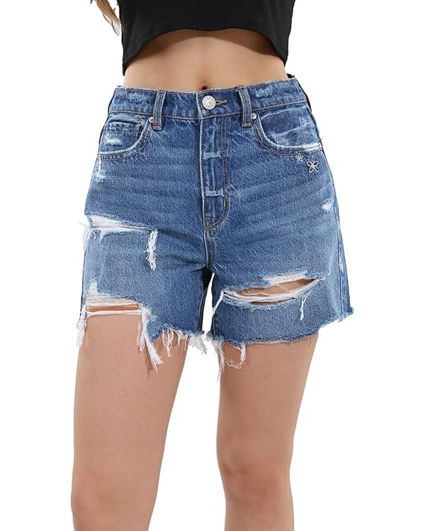 OFLUCK Women's High-Waisted Jeans Shorts Frayed Raw Hem Ripped Summer Denim Shorts | Amazon (US)