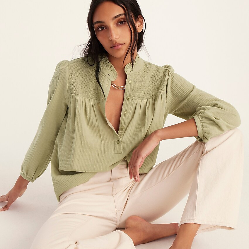 Long-sleeve smocked gauze top | J. Crew US
