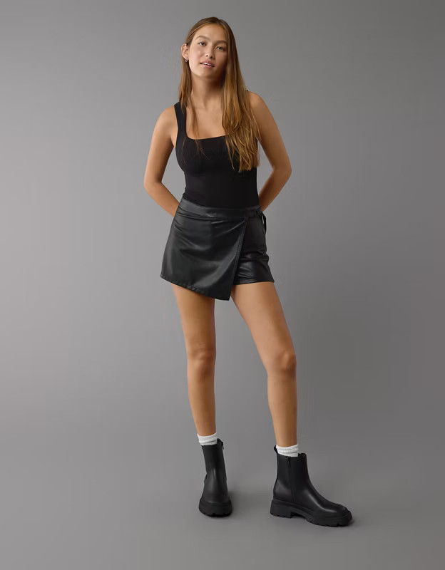 AE High-Waisted Vegan Leather Wrap Skort | American Eagle Outfitters (US & CA)