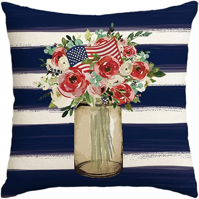 AVOIN colorlife Patriotic 4th of July Flower Stripes Throw Pillow Cover,18 x 18 Inch Patriotic Pi... | Amazon (US)