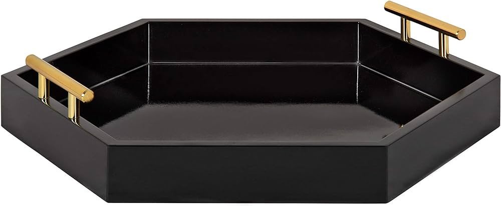 Kate and Laurel Lipton Modern Hexagon Decorative Tray, 18" x 18", Black with Gold Metal Handles | Amazon (US)