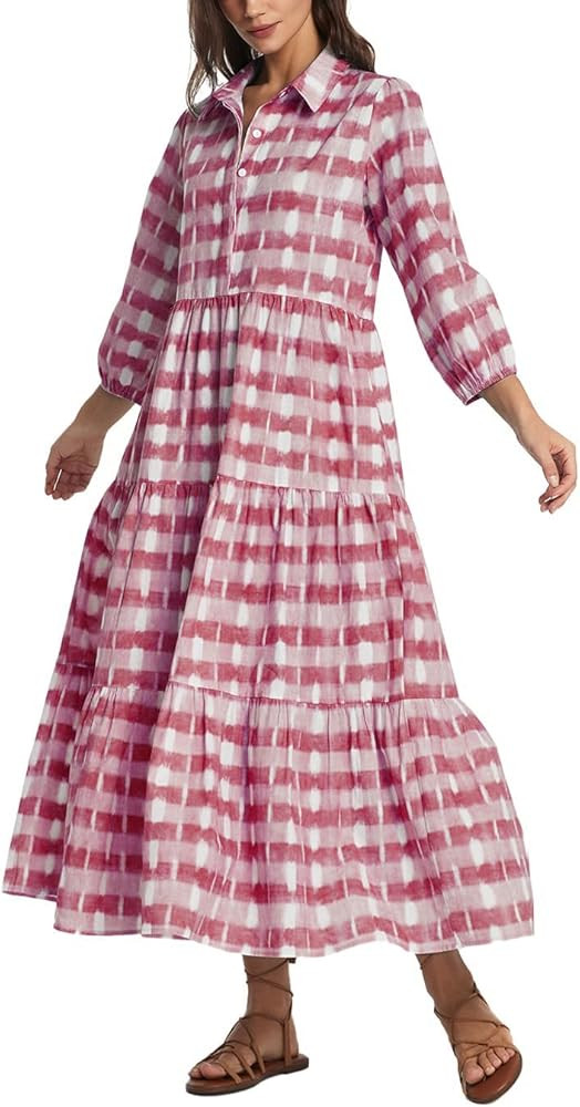 D-Sun Women Long Sleeve Maxi Dress V Neck Button Down Flowy Tiered Ruffle Shirt Dress Casual Fall... | Amazon (US)