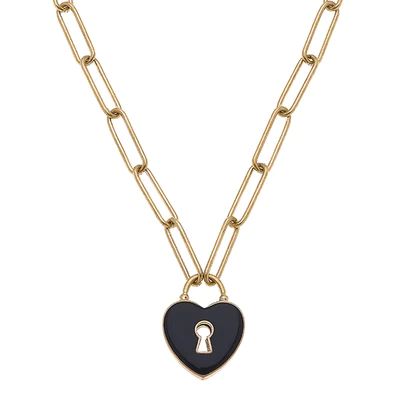 Monclér Enamel Heart Padlock Necklace in Black | CANVAS