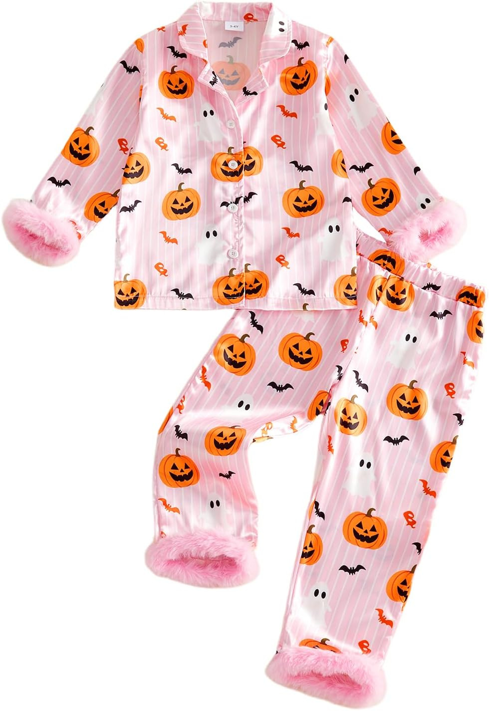 fyclemt Baby Boy Girl Halloween Pajamas Satin Pajamas Feather Trim Pumpkin Long Sleeve Button Up Shirt Pants Girls Nightgown | Amazon (US)