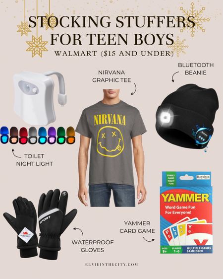 Stocking stuffers for teen boys - $15 and under! Ideas include a toilet night light, a Nirvana graphic tee, lighted beanie, waterproof gloves, and a card game. 

Gifts for him, gifts for boys, gifts for teens, Gifts under 15, gifts under 20, gift guide 

#walmartpartner
@walmart
#iywyk
#walmartfinds

#LTKGiftGuide #LTKkids #LTKfindsunder50