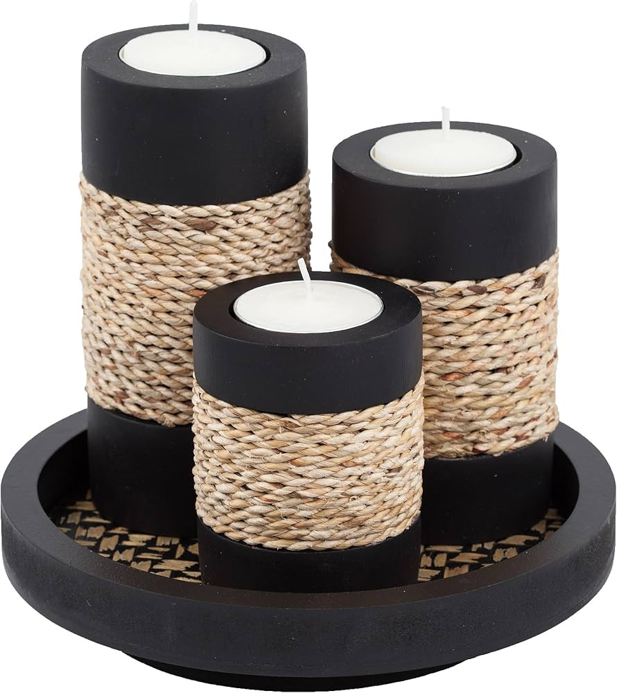IYARA CRAFT Candleholder Set with Tray, Set of 3 Rustic Black Wooden Tealight Candle Holders with... | Amazon (US)