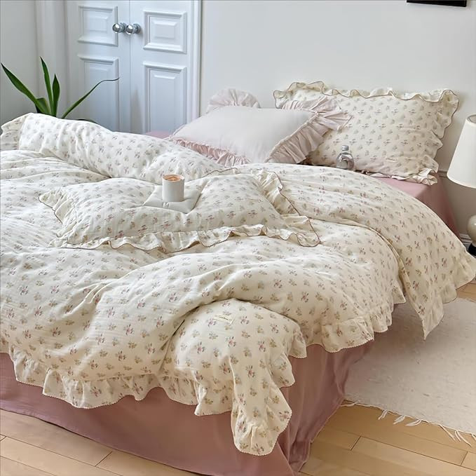 Cotton Muslin Duvet Cover Queen, Chic Shabby Azalea Floral Comforter Cover with Ruffles, Soft Bre... | Amazon (US)