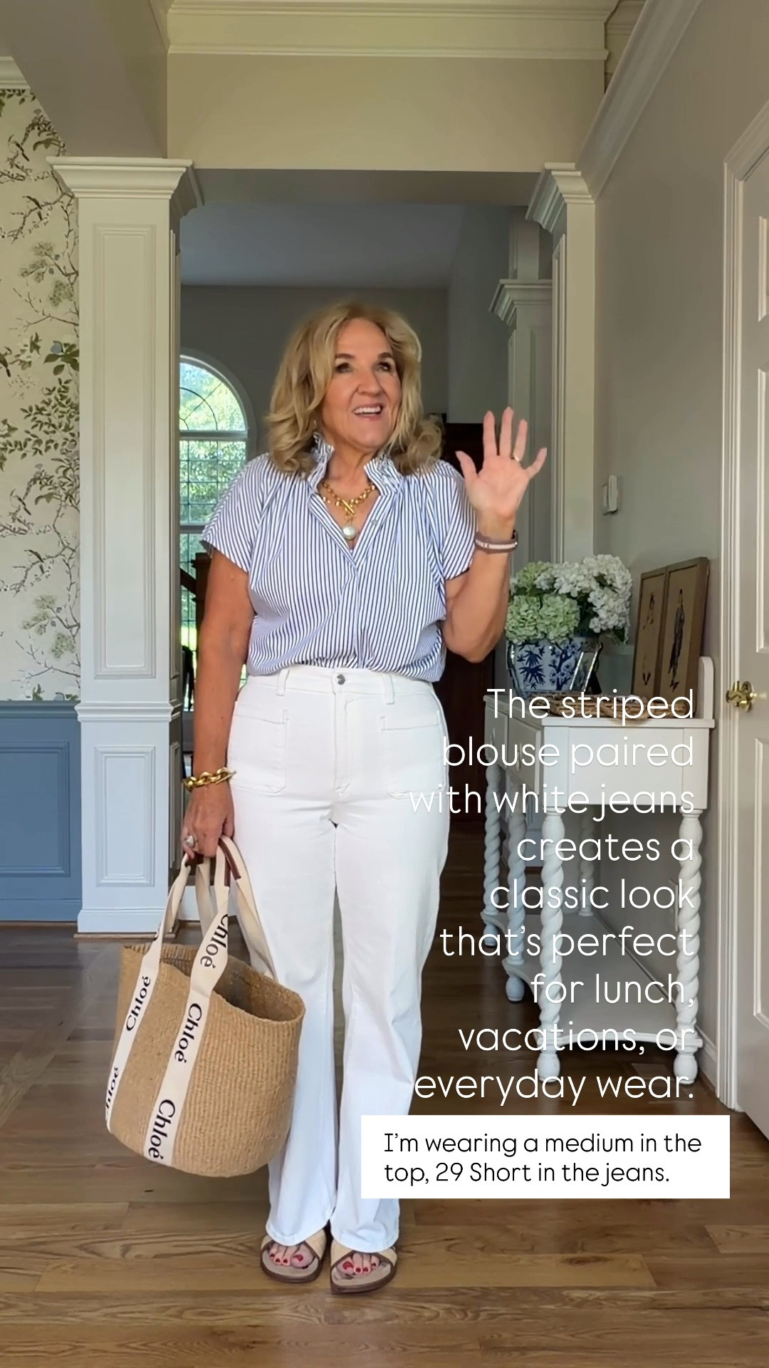 This preppy summer outfit is one of my favorites! The striped blouse paired with white jeans creates a classic look that’s perfect for lunch, vacations, or everyday wear. I’m wearing a medium in the top, 29 Short in the jeans, and I found these sandals for over 50% off!

💡 LTK MADE EASY
❤️ Heart = Support my posts!
🔖 Save = Get sale & restock alerts
📋 Lists = Keep favorites organized
📲 Share = Send lists and products to a friend. Hello, Christmas List!
💬 Comment = Ask me anything about what I’m wearing.:-)

#LTKootd #LTKOver40 #LTKSeasonal
