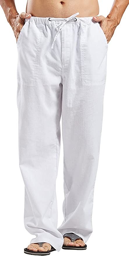 utcoco Qiuse Men's Casual Loose Fit Straight-Legs Stretchy Waist Beach Pants (Medium, White) at A... | Amazon (US)
