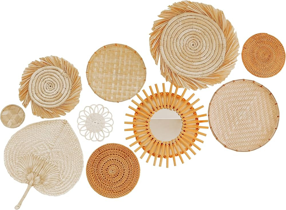 Set of 10 Round Woven Basket Wall Decor with Rattan Mirror, Decorative Hanging Baskets Set for Livin | Amazon (US)