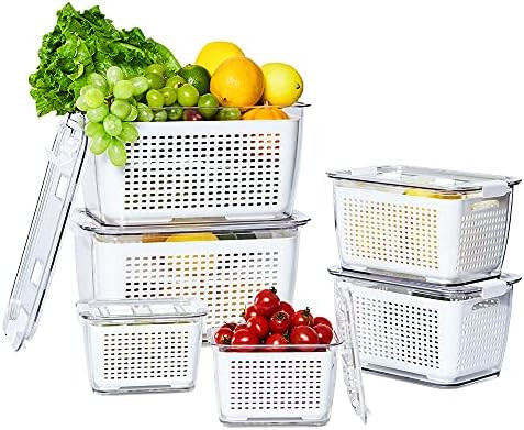 6pack-Drain basket HIEEY 6-Piece Fruit Storage Containers for Fridge with Strainer,Produce Container | Amazon (US)