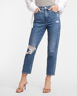 Super High Waisted Medium Wash Ripped Mom Jeans | Express