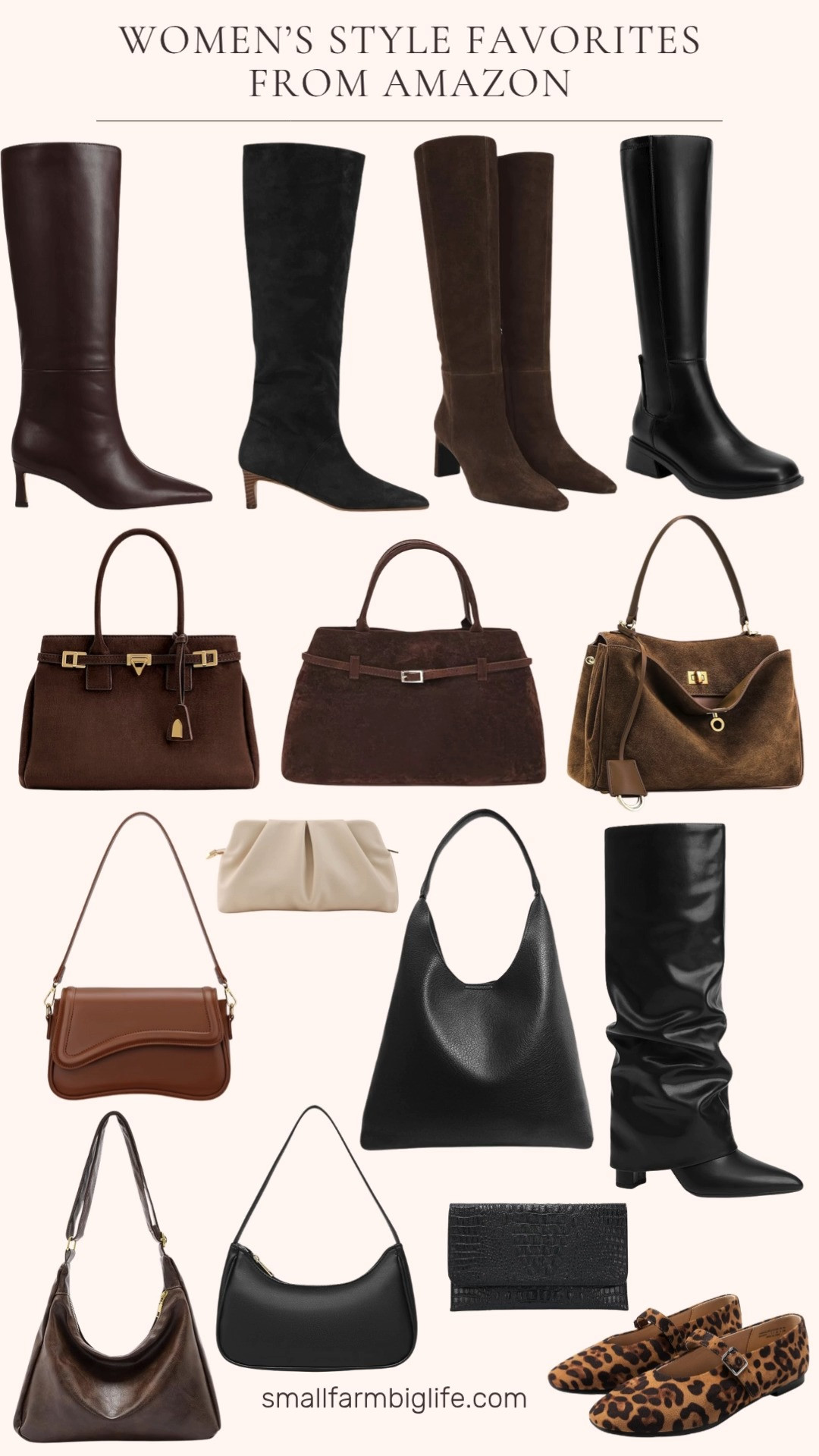 Classic meets chic 🤎🖤 From brown and black boots to leopard print flats and versatile bags and clutches, these Amazon finds are perfect for elevating your everyday style. Effortless looks that go from coffee runs to date nights in seconds! 

 #LTKOver40 #LTKShoeCrush #LTKItBag
