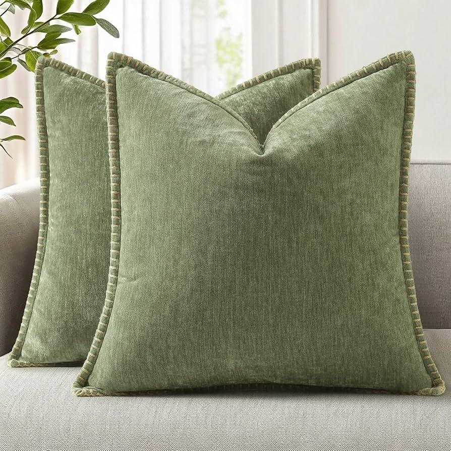 decorUhome Soft Chenille Throw Pillow Covers 18x18 Set of 2 Olive Green | Amazon (US)