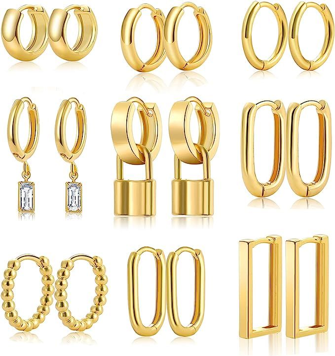 9 Pairs Small Gold Hoop Earrings Set for Women Girls, Silver Mini Cartilage Hoop earring, Lightwe... | Amazon (US)