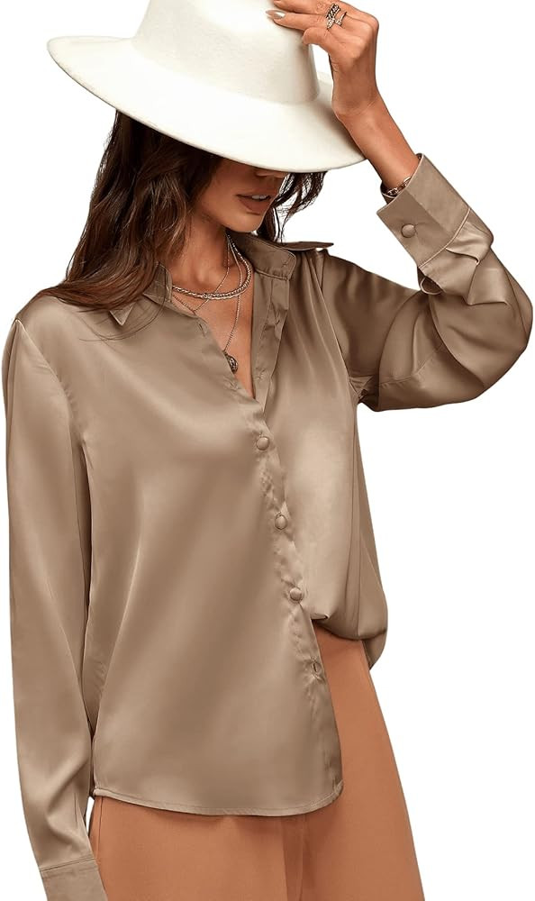 SweatyRocks Women's Satin Long Sleeve Button Down Collared Blouse Shirt Top | Amazon (US)