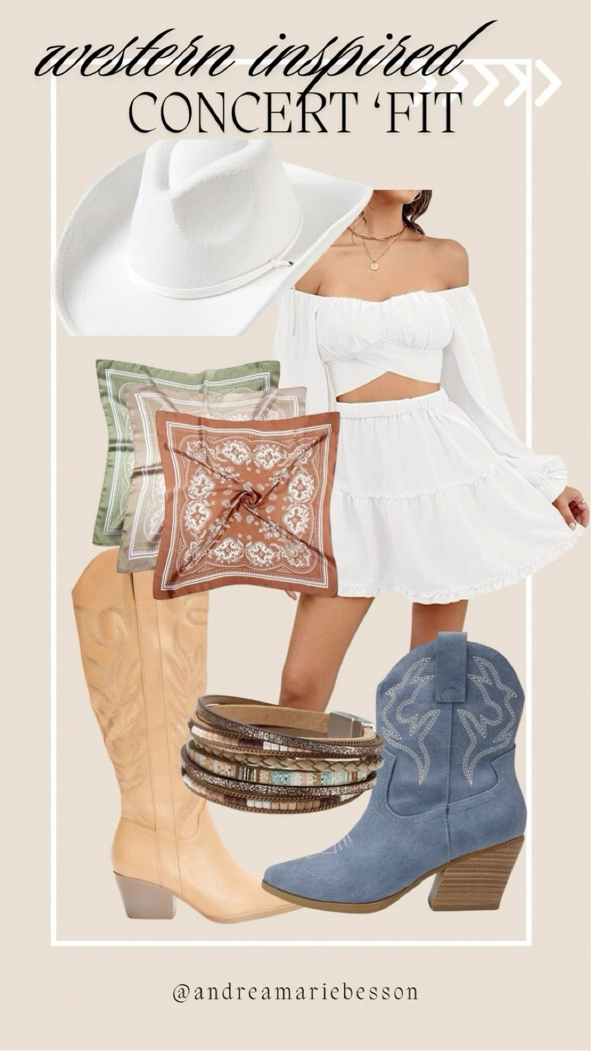 Serving major western concert vibes with this dreamy coastal cowgirl-inspired outfit 🤠 Featuring a white two-piece set, cowboy boots, layered bracelets, neutral bandanas, and the perfect white cowboy hat for an effortless boho western look. Perfect for country concerts, Nashville trips, rodeos, summer festivals, and western-inspired fashion lovers. Soft neutrals + statement accessories = the ultimate concert fit.

#westernstyle #concertoutfit #coastalcowgirl #cowgirloutfit #countryconcert #bohowestern #westernfashion #nashvillestyle #cowboyboots #festivalfashion #neutralstyle #summeroutfit #bohochic #amazonfashion #westerninspired