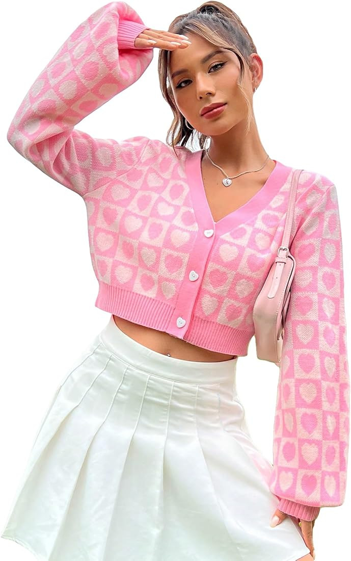 WDIRARA Women's Long Sleeve Button Front V Neck Casual Crop Cardigan Sweater | Amazon (US)