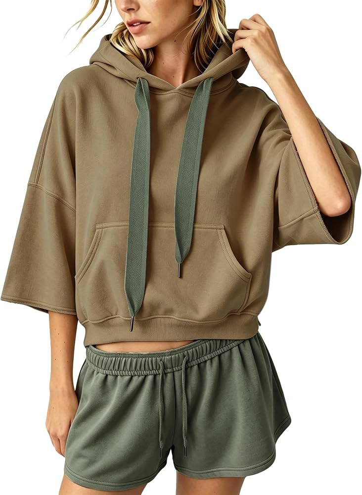 Megfie Womens Cropped Three Quarter Sleeve Hoodie Contrast Drawcord | Amazon (US)