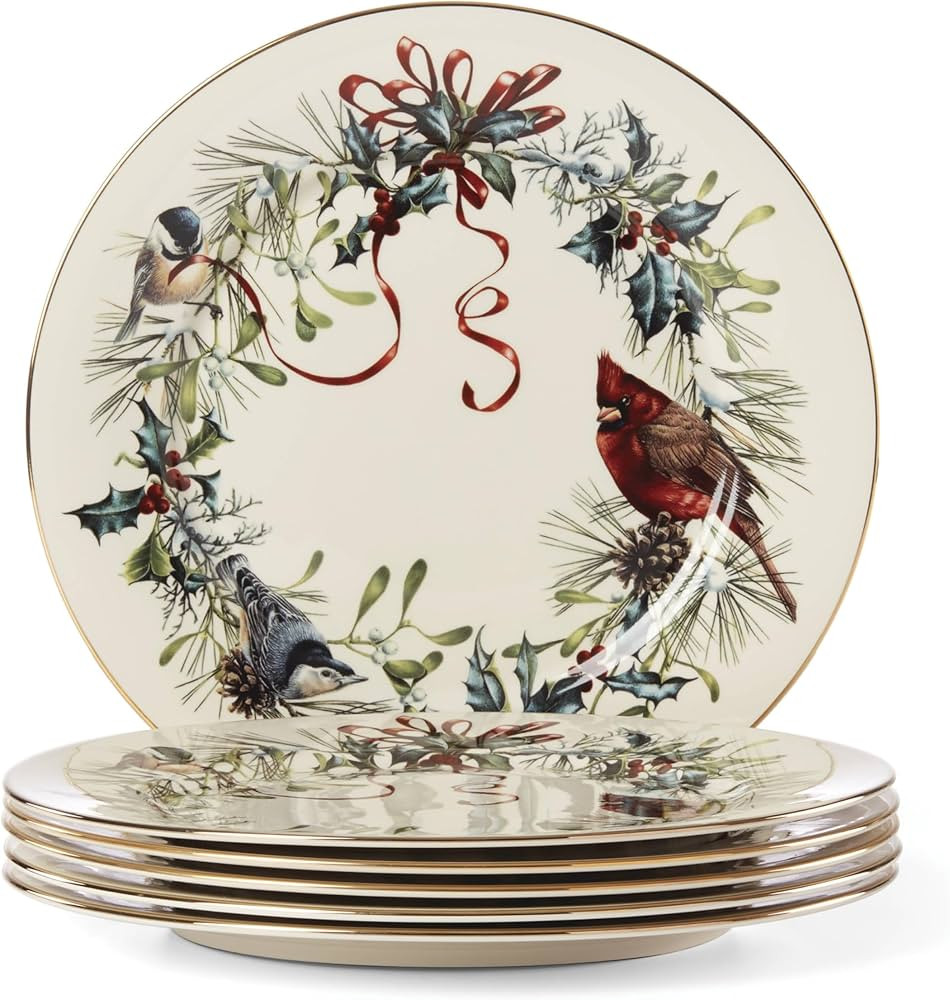 Lenox Winter Greetings 6-Piece Dinner Plate Set, 10.75", Red & Green | Amazon (US)