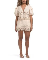 Eyelet Detail Shorts And Puff Sleeve Front Tie Top Collection | TJ Maxx