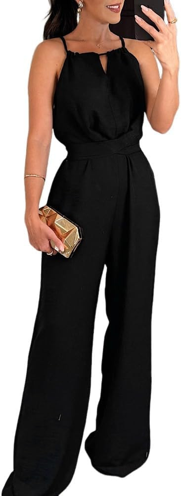 CHICME Women's Sexy Halter Jumpsuits Sleeveless Casual Ruched Rompers Wide Leg Jumpsuit | Amazon (US)