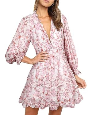 Dokotoo Womens 2024 Spring Summer Deep V Neck Ruffle Floral Flowy Mini Dress | Amazon (US)