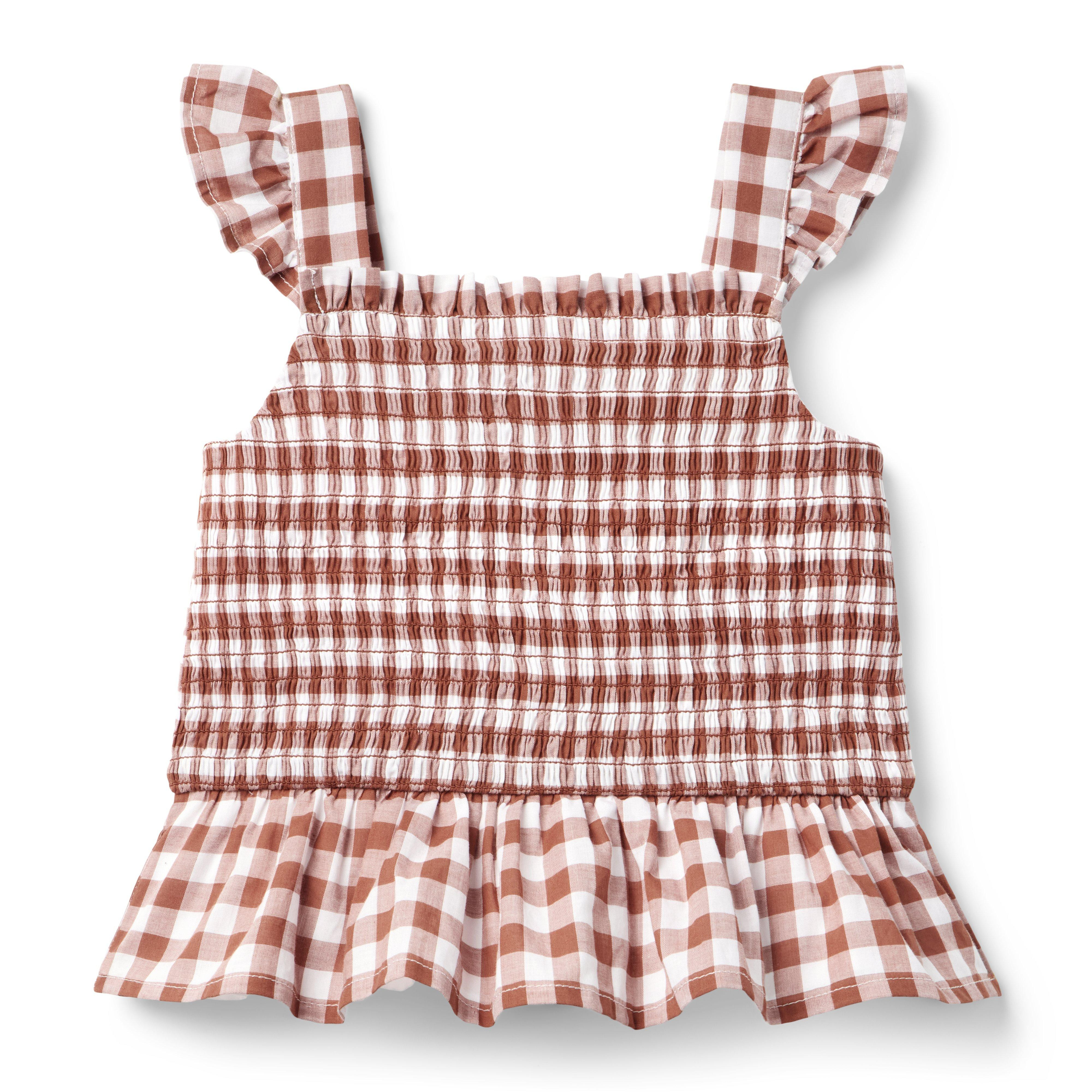 Janie and Jack | Smocked Gingham Peplum Top - Brown / 18-24m | Janie and Jack