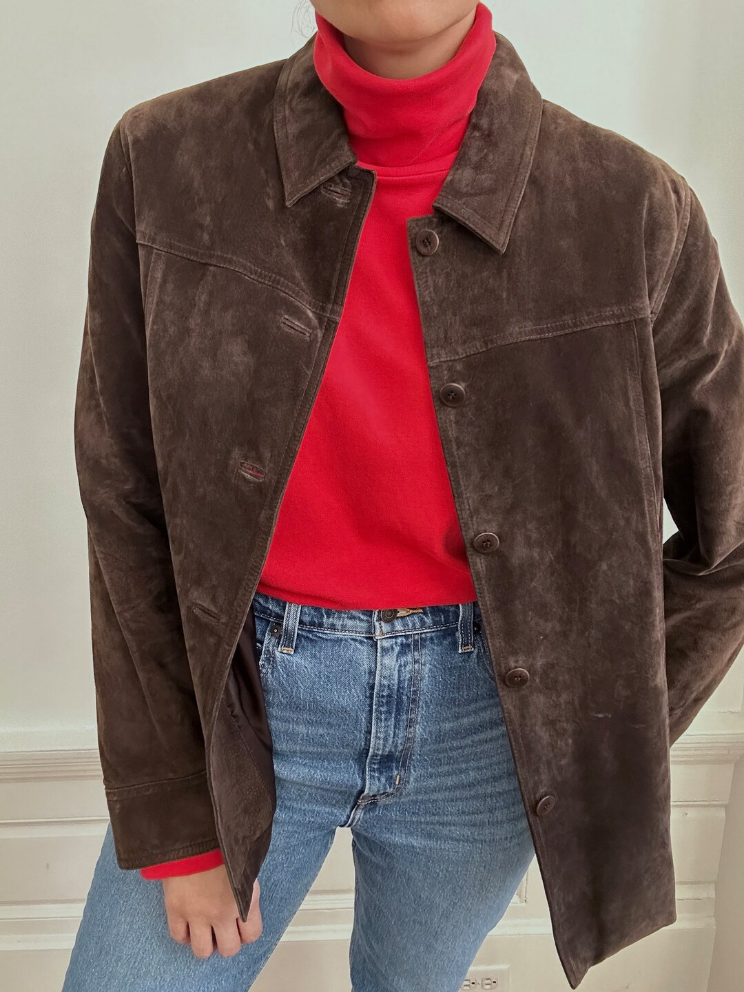 Vintage 90s Dark Brown 100% Suede Leather Minimalist Jacket - Etsy | Etsy (US)