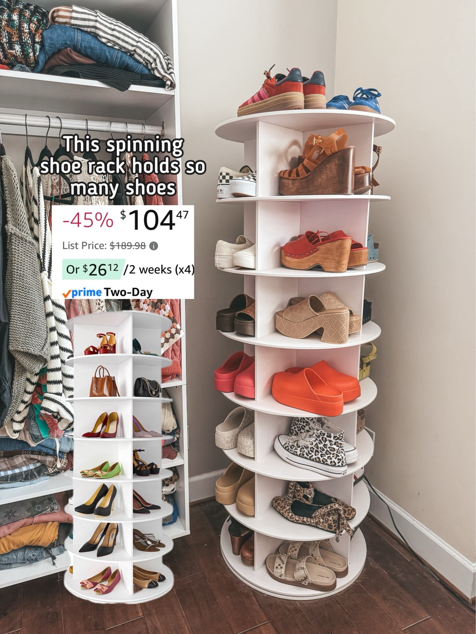 This lazy Susan shoe organizer has been the best! It holds so many shoes and I have the 7 tier.