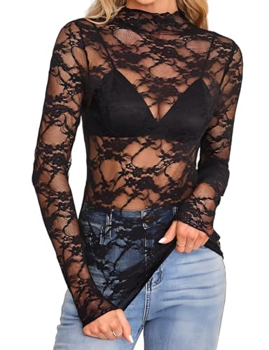 Women's Floral Lace Mesh Long Sleeve Top Mock Neck Sheer See Through Fitted Blouse for Party Club Night Out Layering Shirt (US, Alpha, Large, Regular, Regular, Black-02) | Amazon (US)