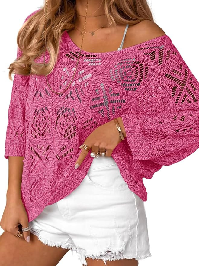 Saodimallsu Womens Crochet Cover Up Top Summer 3/4 Sleeve Off Shoulder Sweater Shirts Mesh Boho B... | Amazon (US)
