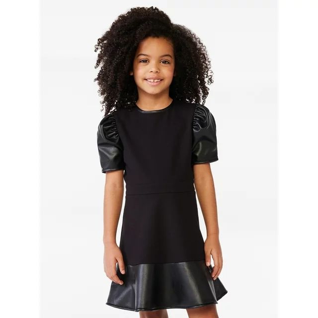 Scoop Girls Faux Leather Puff Sleeve Dress, Sizes 4-16 | Walmart (US)