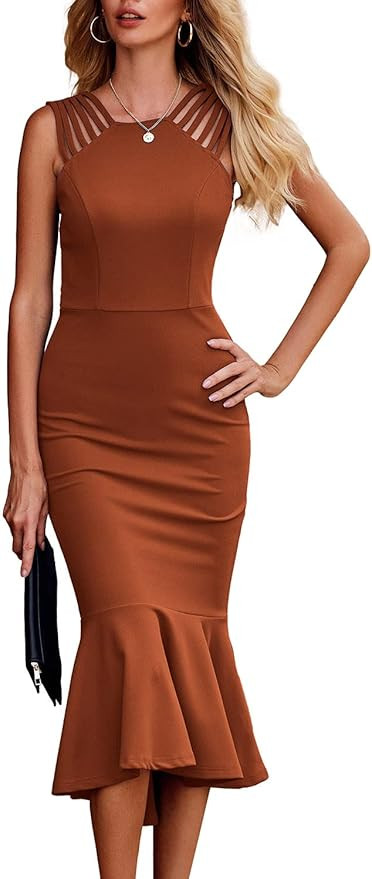 PRETTYGARDEN Women's Elegant Midi Bodycon Dress Sleeveless Backless Ruffle Hem Mermaid Formal Coc... | Amazon (US)