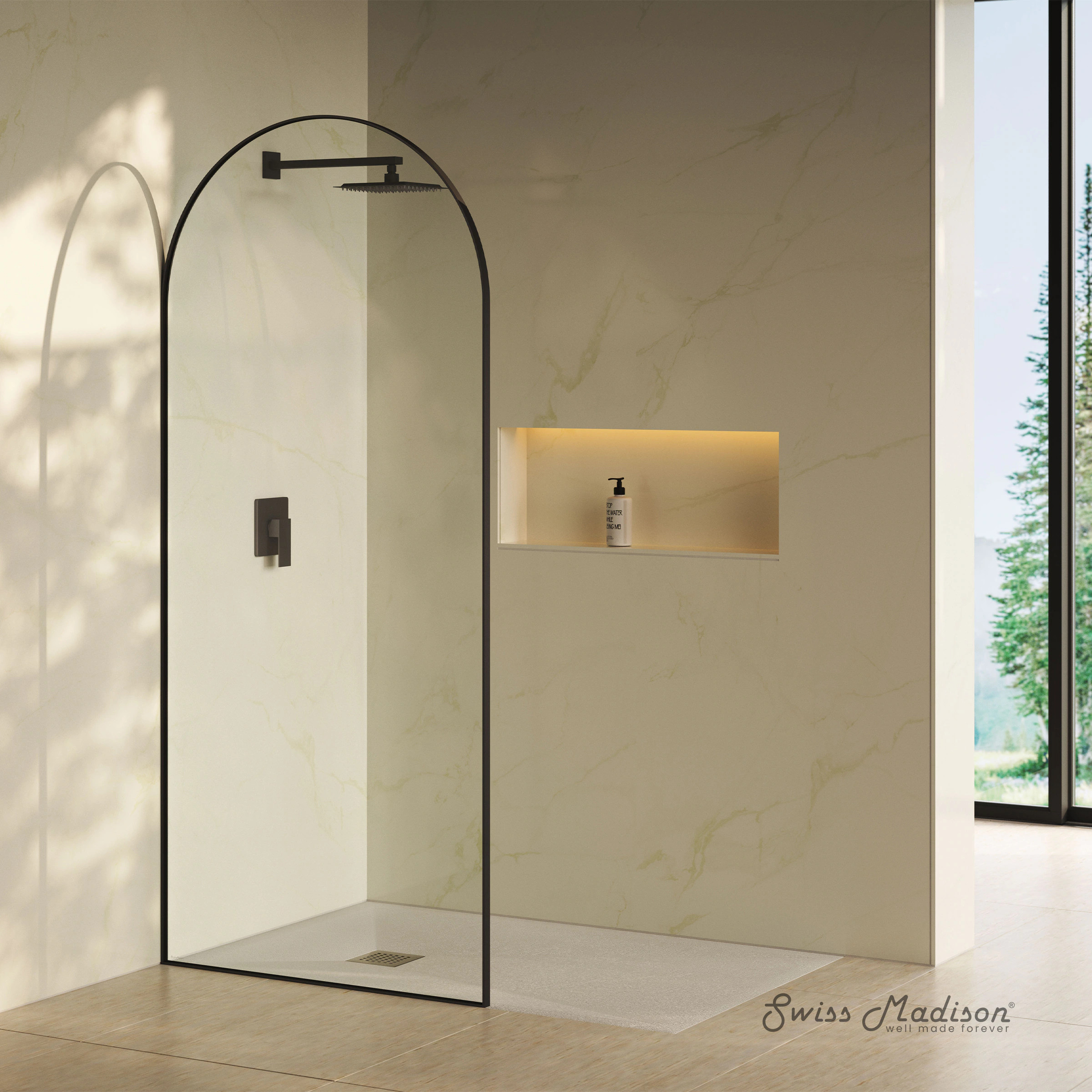 Swiss Madison Varese Matte Black 34-in W x 76-in H Framed Clear Glass Fixed Shower door | SM-25-SDVAR02MB | Lowe's