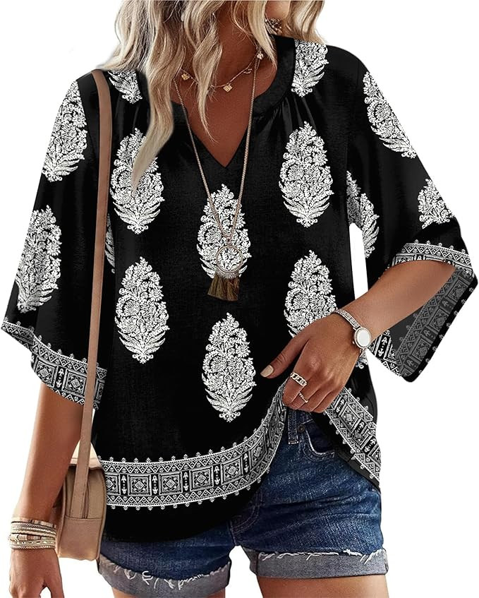 WIHOLL Boho Cute Summer Tops for Women 3/4 Sleeve Dressy Fashion V Neck Casual 2026 Business Beac... | Amazon (US)