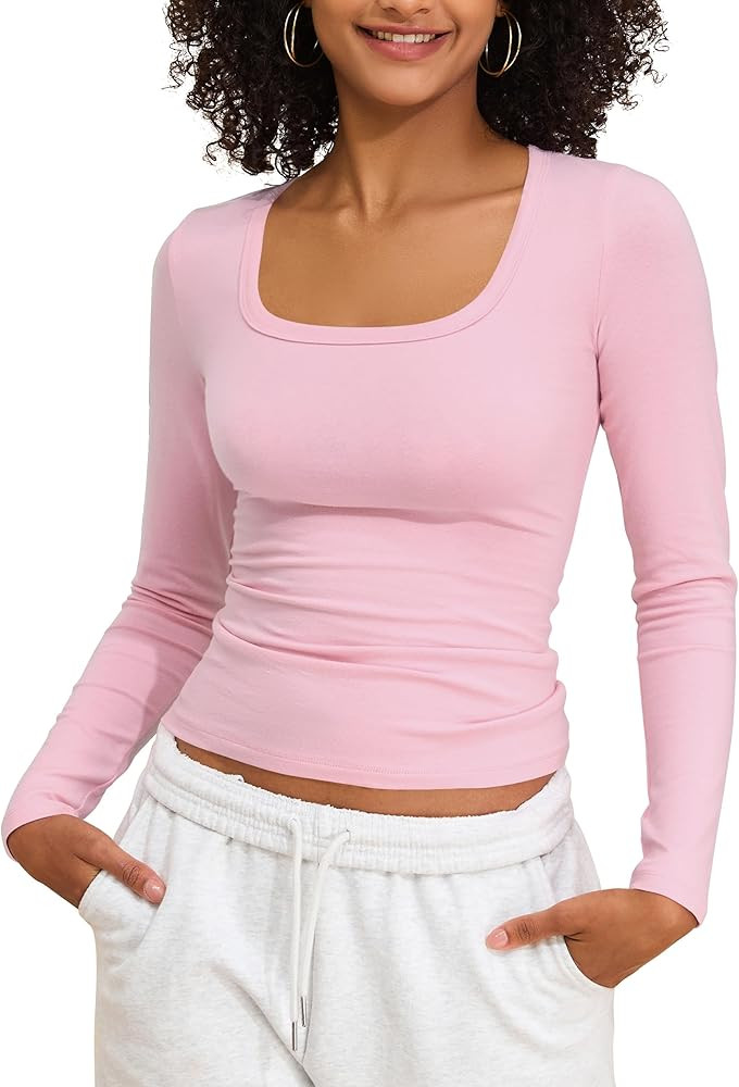 PrettyGuide Womens Long Sleeve Shirts Cotton Jersey Square Neck Going Out Tops Slim Fit Fall Casu... | Amazon (US)