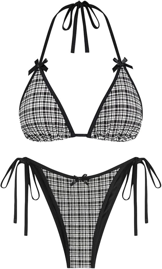 ZAFUL Bikini Sets for Women Halter Bow Decor Tiny Floral Gingham Print Swimsuit Tie Side 2 Pieces... | Amazon (US)